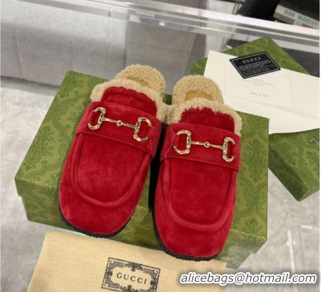 Best Price Gucci Flat Mules with Horsebit in Suede and Shearling Red 205034