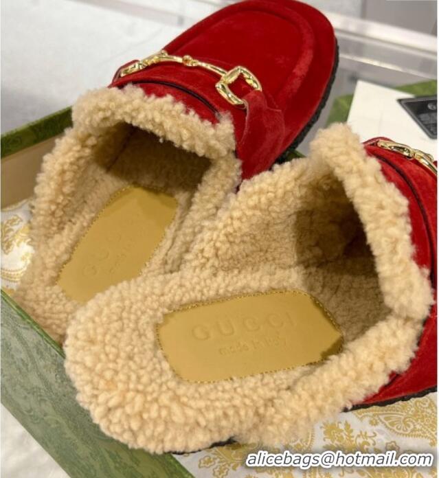 Best Price Gucci Flat Mules with Horsebit in Suede and Shearling Red 205034