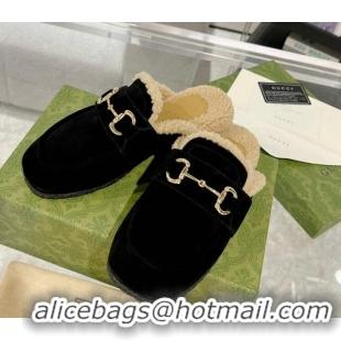 Pretty Style Gucci Flat Mules with Horsebit in Suede and Shearling Black 205035