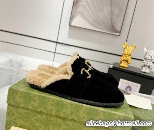 Pretty Style Gucci Flat Mules with Horsebit in Suede and Shearling Black 205035