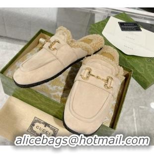 Purchase Gucci Flat Mules with Horsebit in Suede and Shearling Light Beige 205036