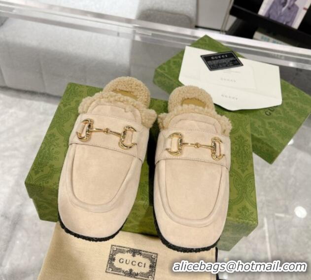 Purchase Gucci Flat Mules with Horsebit in Suede and Shearling Light Beige 205036