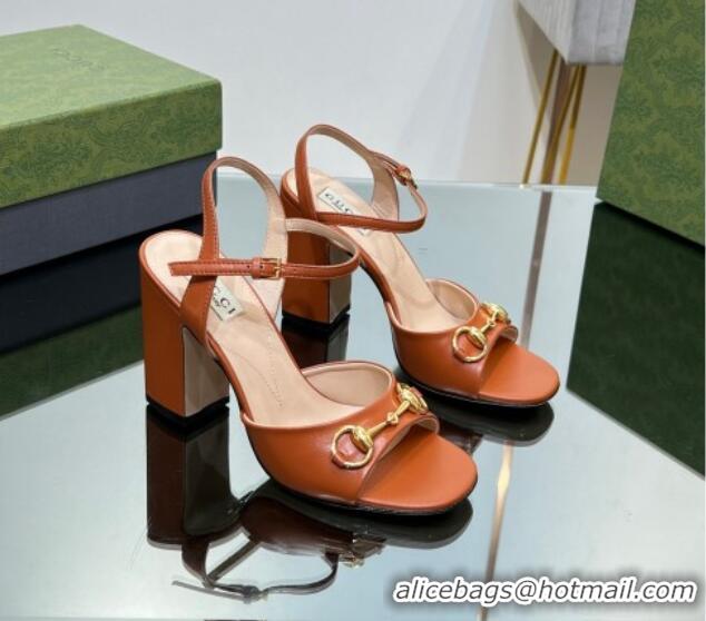 Popular Style Gucci Horsebit High Heel Sandals 9cm in Leather Brown 215120