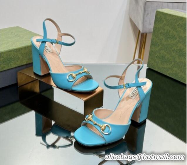 Good Quality Gucci Horsebit High Heel Sandals 9cm in Leather Light Blue 215121