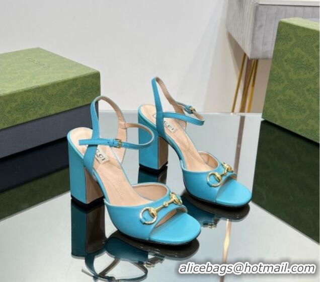 Good Quality Gucci Horsebit High Heel Sandals 9cm in Leather Light Blue 215121