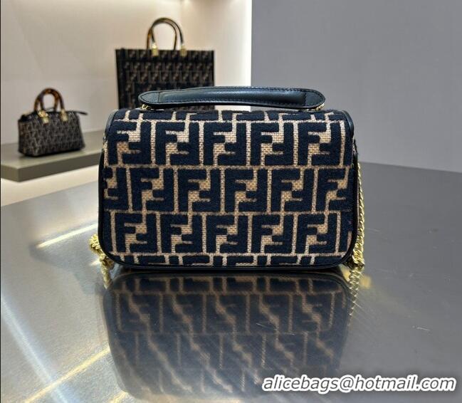 Promotional Fendi Baguette Chain Midi Bag in Raffia Straw with Black tapestry fabric FF motif F1016 2023