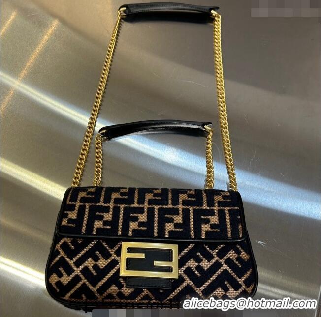 Promotional Fendi Baguette Chain Midi Bag in Raffia Straw with Black tapestry fabric FF motif F1016 2023