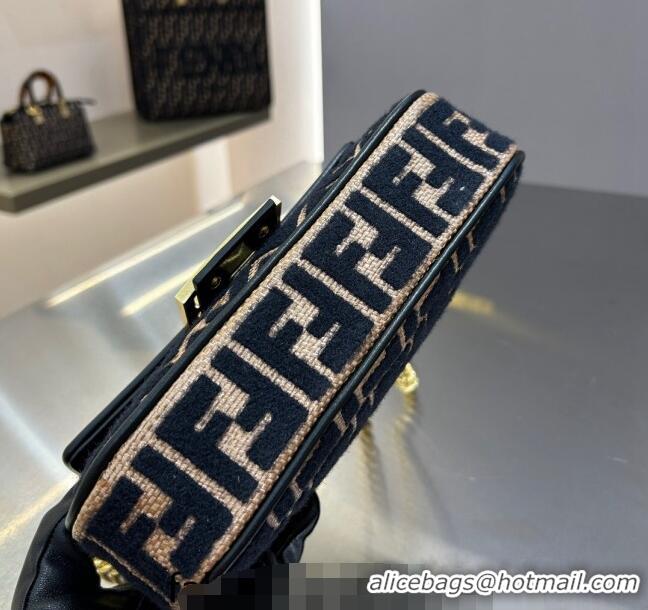 Promotional Fendi Baguette Chain Midi Bag in Raffia Straw with Black tapestry fabric FF motif F1016 2023