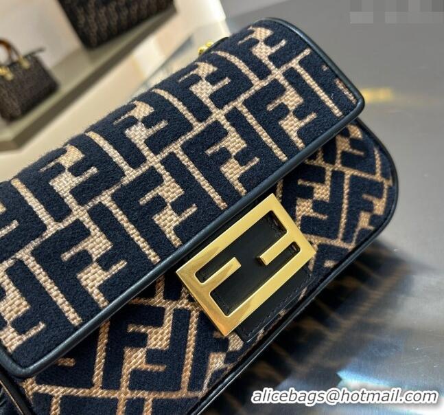 Promotional Fendi Baguette Chain Midi Bag in Raffia Straw with Black tapestry fabric FF motif F1016 2023