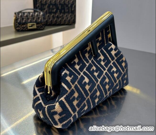 Promotional Fendi First Small Bag in Raffia Straw with Black tapestry fabric FF motif F1019 2023