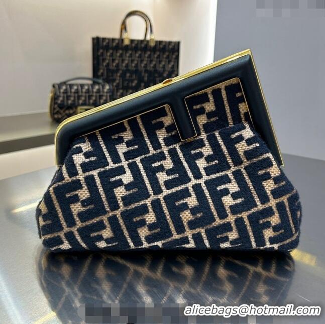 Promotional Fendi First Small Bag in Raffia Straw with Black tapestry fabric FF motif F1019 2023