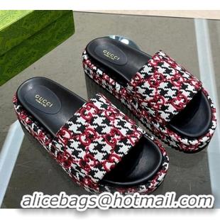 Pretty Style Gucci Houndtooth Canvas Platform Slide Sandals with GG Embroidery Red 215126