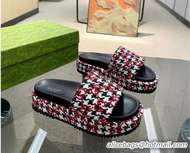 Pretty Style Gucci Houndtooth Canvas Platform Slide Sandals with GG Embroidery Red 215126