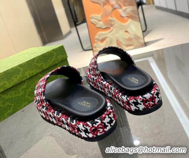 Pretty Style Gucci Houndtooth Canvas Platform Slide Sandals with GG Embroidery Red 215126