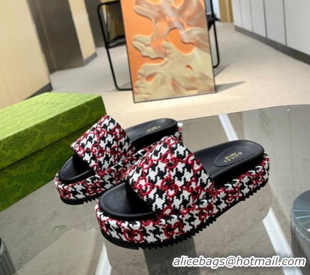 Pretty Style Gucci Houndtooth Canvas Platform Slide Sandals with GG Embroidery Red 215126