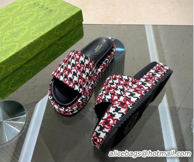 Pretty Style Gucci Houndtooth Canvas Platform Slide Sandals with GG Embroidery Red 215126