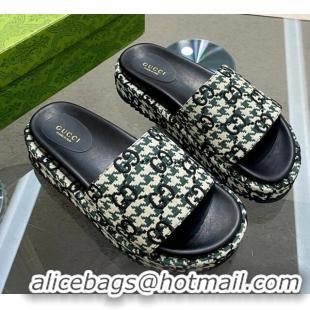 Best Grade Gucci Houndtooth Canvas Platform Slide Sandals with GG Embroidery Green 215127