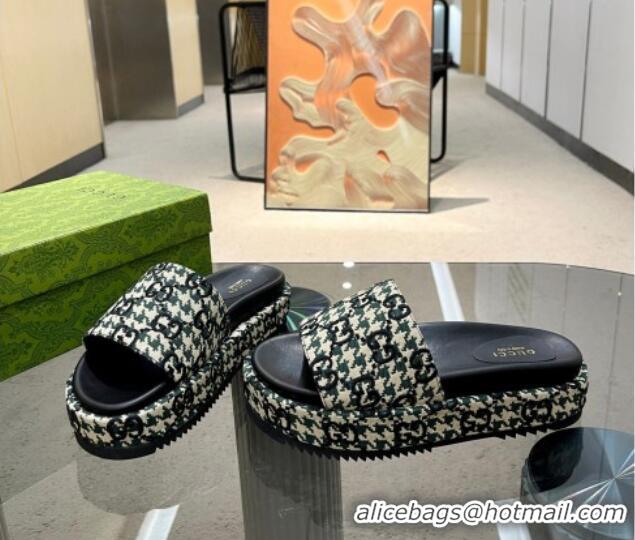 Best Grade Gucci Houndtooth Canvas Platform Slide Sandals with GG Embroidery Green 215127