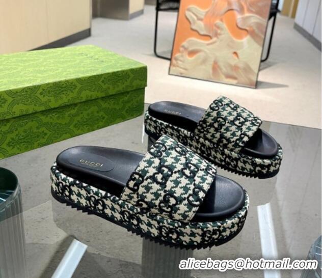 Best Grade Gucci Houndtooth Canvas Platform Slide Sandals with GG Embroidery Green 215127