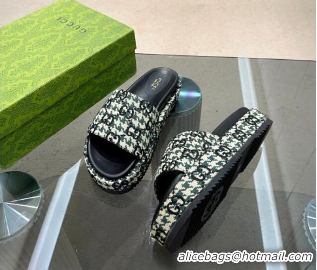 Best Grade Gucci Houndtooth Canvas Platform Slide Sandals with GG Embroidery Green 215127