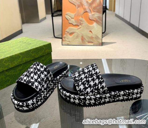 Shop Duplicate Gucci Houndtooth Canvas Platform Slide Sandals with GG Embroidery Black/White 215128