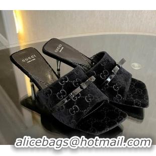 Classic Hot Gucci GG Velvet Heel Slide Sandals 7cm Black 215129