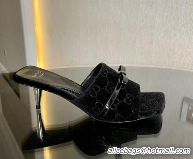 Classic Hot Gucci GG Velvet Heel Slide Sandals 7cm Black 215129