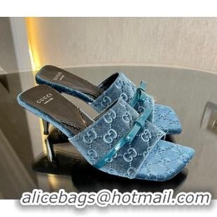 Good Quality Gucci GG Velvet Heel Slide Sandals 7cm Blue 215131