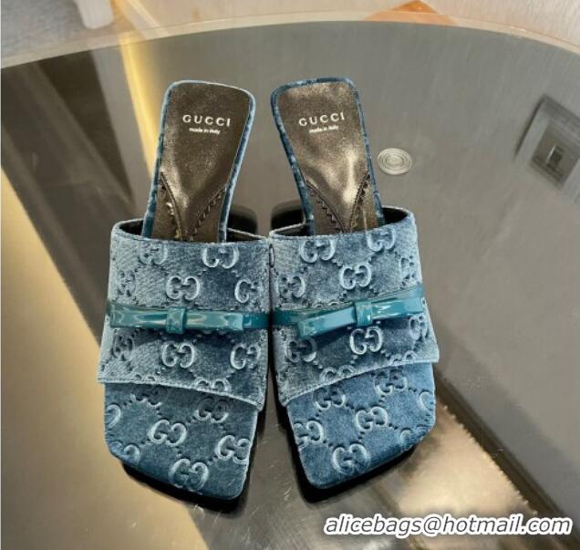 Good Quality Gucci GG Velvet Heel Slide Sandals 7cm Blue 215131