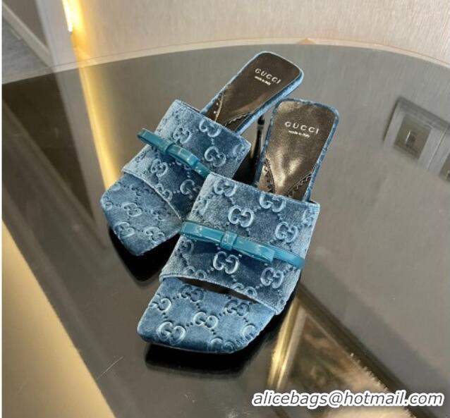 Good Quality Gucci GG Velvet Heel Slide Sandals 7cm Blue 215131