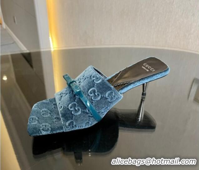 Good Quality Gucci GG Velvet Heel Slide Sandals 7cm Blue 215131