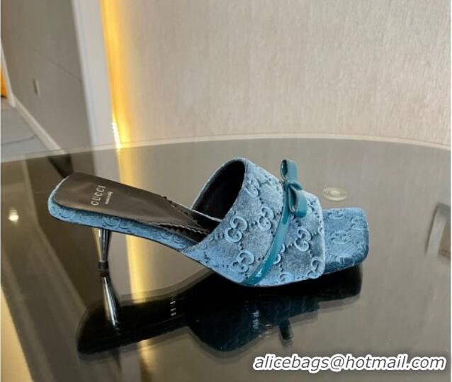 Good Quality Gucci GG Velvet Heel Slide Sandals 7cm Blue 215131