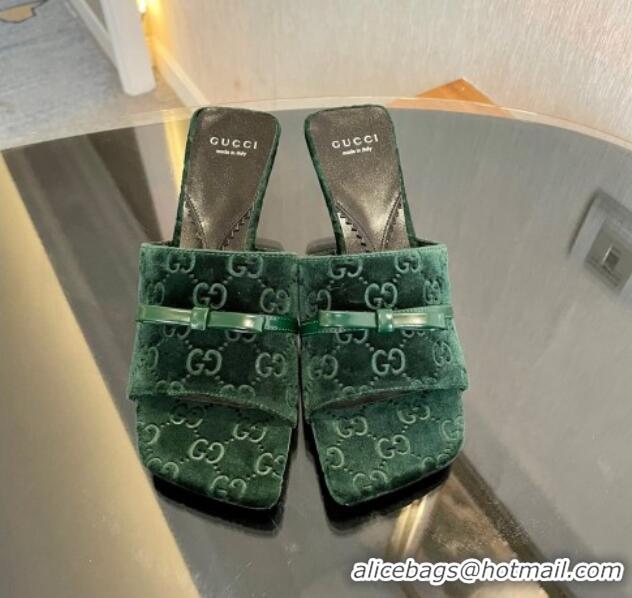 Buy Discount Gucci GG Velvet Heel Slide Sandals 7cm Green 215132