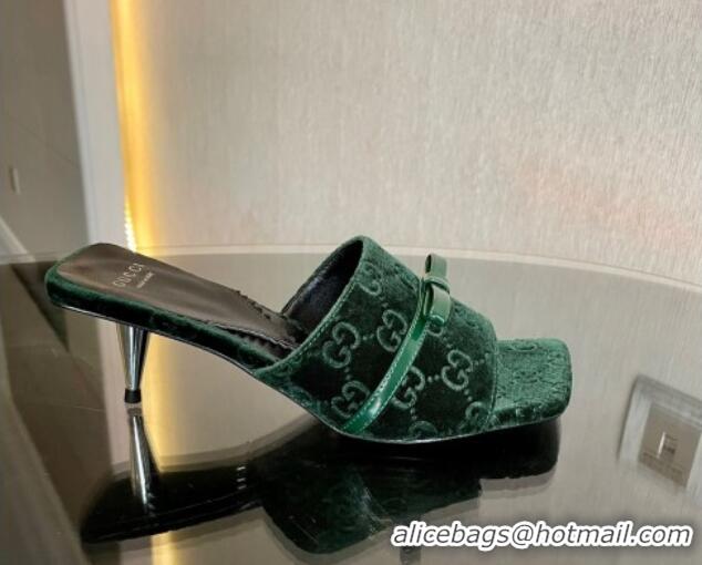 Buy Discount Gucci GG Velvet Heel Slide Sandals 7cm Green 215132