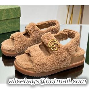 Best Price Gucci Merino Wool Flat Sandals with Double G Brown 215134