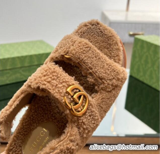 Best Price Gucci Merino Wool Flat Sandals with Double G Brown 215134