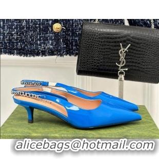 Luxurious Gucci Signoria Slingback Pumps 4.5cm in Patent Leather Blue 215139