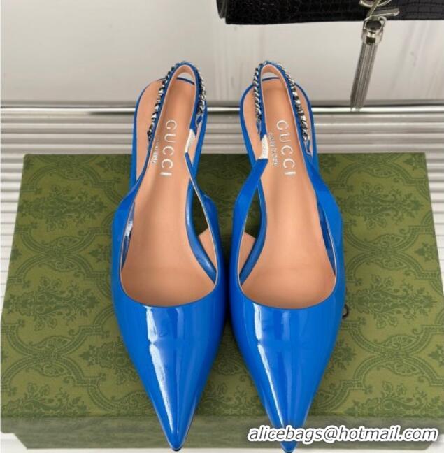 Luxurious Gucci Signoria Slingback Pumps 4.5cm in Patent Leather Blue 215139