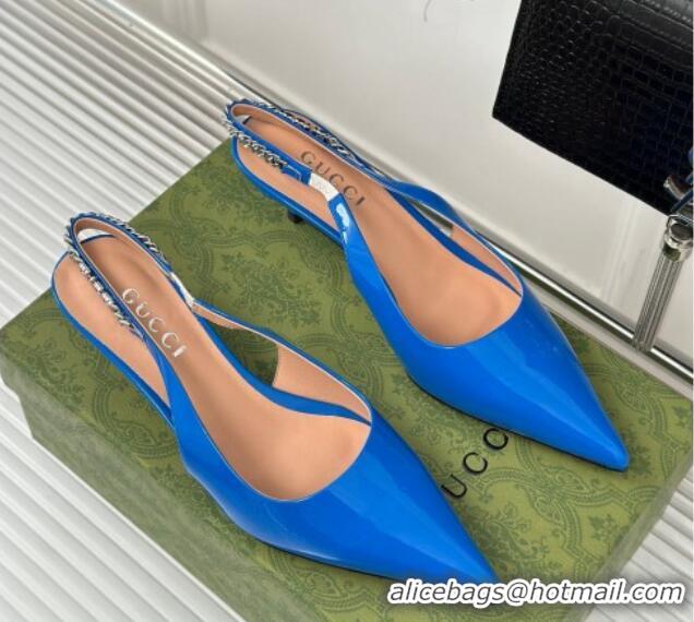 Luxurious Gucci Signoria Slingback Pumps 4.5cm in Patent Leather Blue 215139