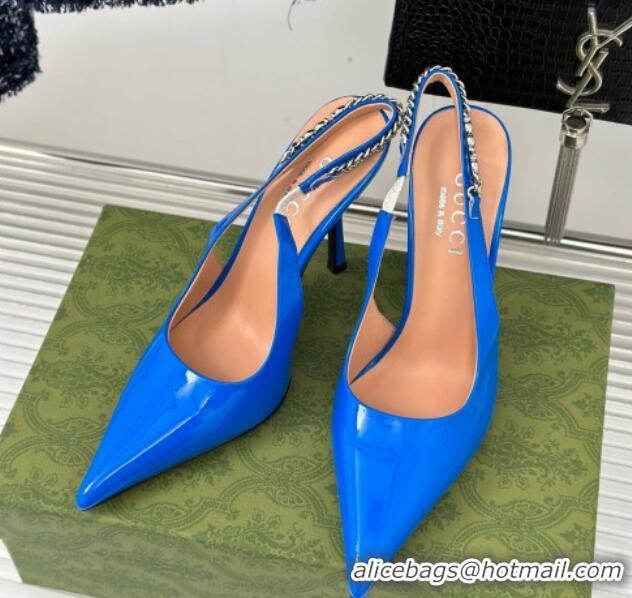 Good Product Gucci Signoria Slingback Pumps 10cm in Patent Leather Blue 215149