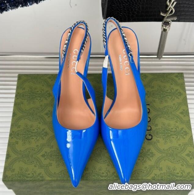 Good Product Gucci Signoria Slingback Pumps 10cm in Patent Leather Blue 215149