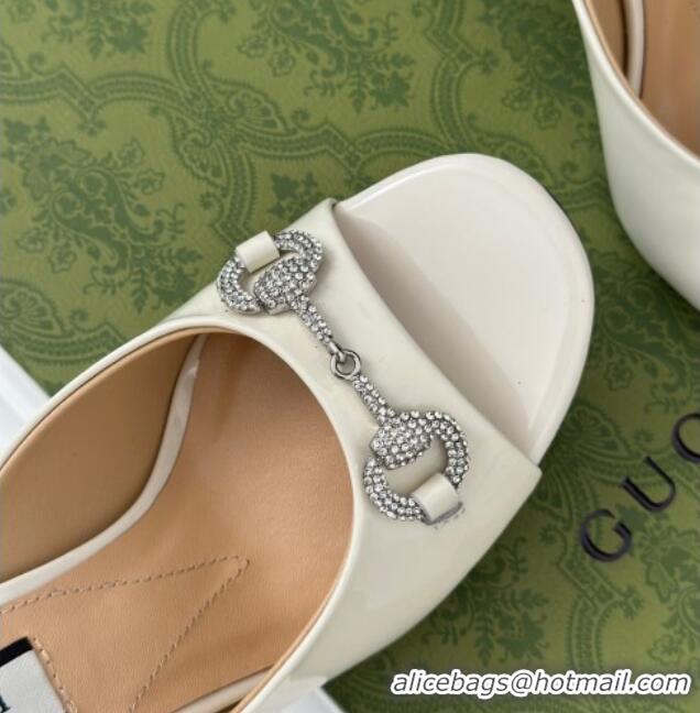 Charming Gucci Horsebit 1955 High Heel Slide Sandals 9.5cm in Patent Leather White 218001