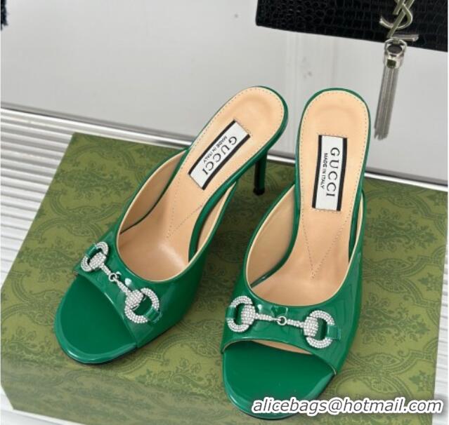 Low Cost Gucci Horsebit 1955 High Heel Slide Sandals 9.5cm in Patent Leather Green 218003