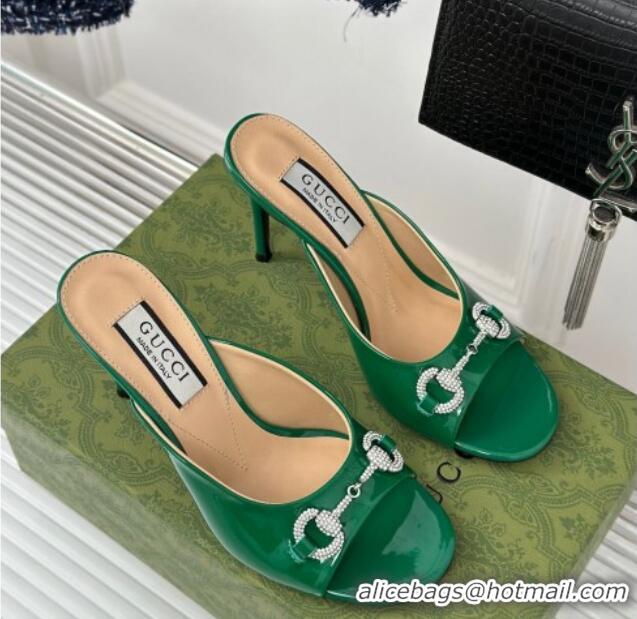 Low Cost Gucci Horsebit 1955 High Heel Slide Sandals 9.5cm in Patent Leather Green 218003