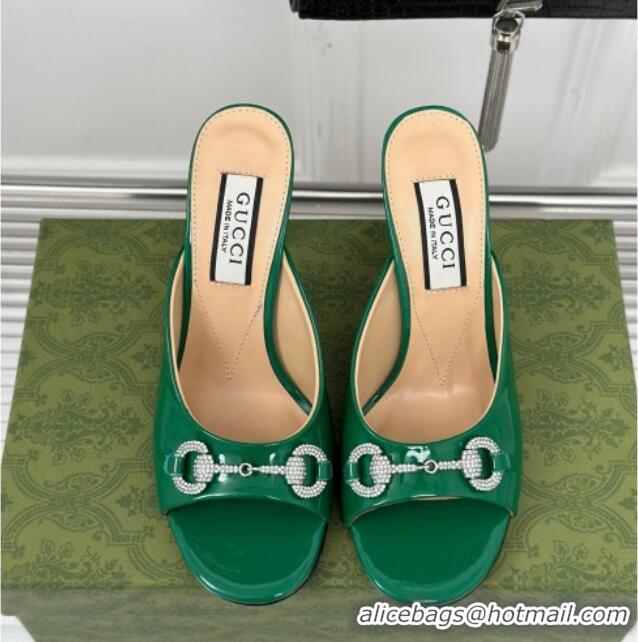 Low Cost Gucci Horsebit 1955 High Heel Slide Sandals 9.5cm in Patent Leather Green 218003