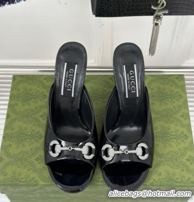 Pretty Style Gucci Horsebit 1955 High Heel Slide Sandals 9.5cm in Patent Leather Black 218004