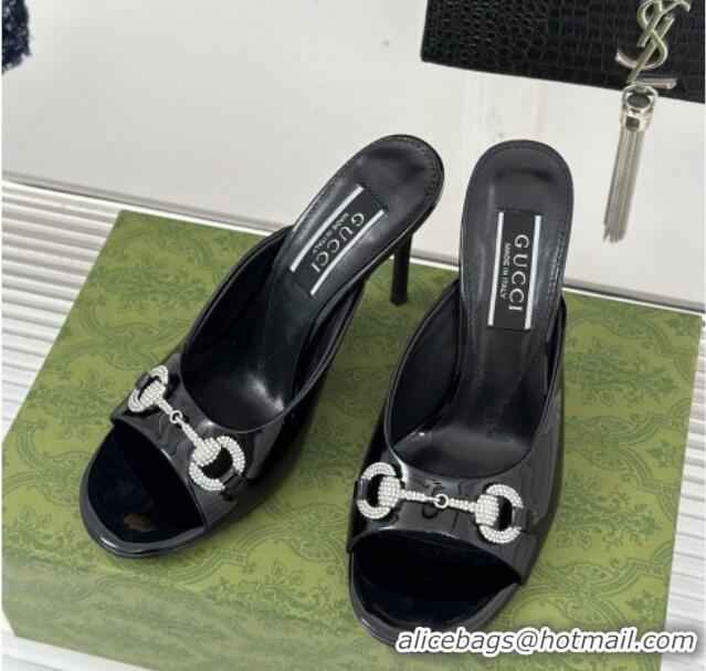 Pretty Style Gucci Horsebit 1955 High Heel Slide Sandals 9.5cm in Patent Leather Black 218004