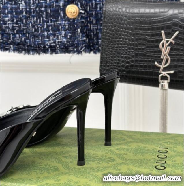 Pretty Style Gucci Horsebit 1955 High Heel Slide Sandals 9.5cm in Patent Leather Black 218004