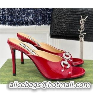 Popular Style Gucci Horsebit 1955 High Heel Slide Sandals 9.5cm in Patent Leather Dark Red 218005