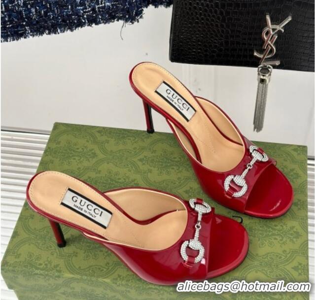 Popular Style Gucci Horsebit 1955 High Heel Slide Sandals 9.5cm in Patent Leather Dark Red 218005